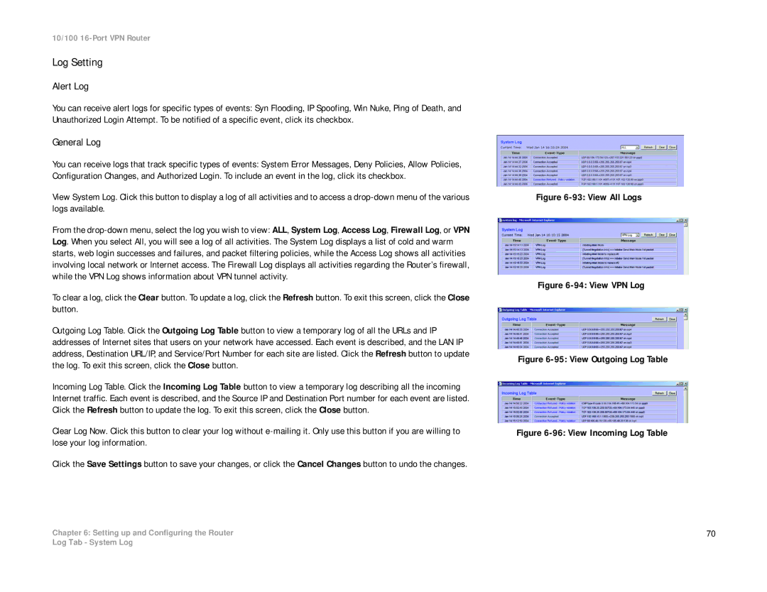 Linksys RV016 manual Log Setting, Alert Log, General Log 