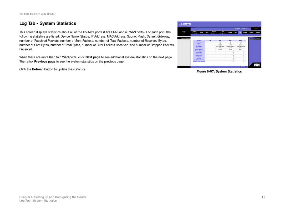 Linksys RV016 manual Log Tab System Statistics 