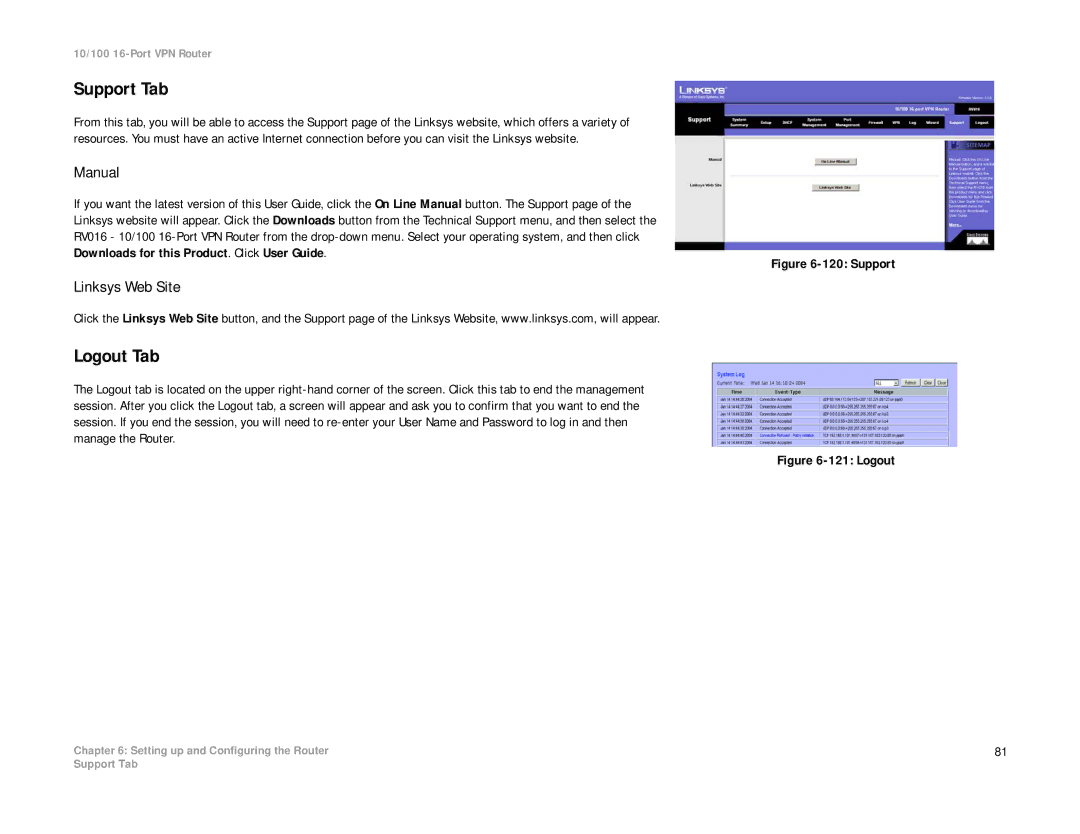 Linksys RV016 manual Support Tab, Logout Tab, Linksys Web Site 