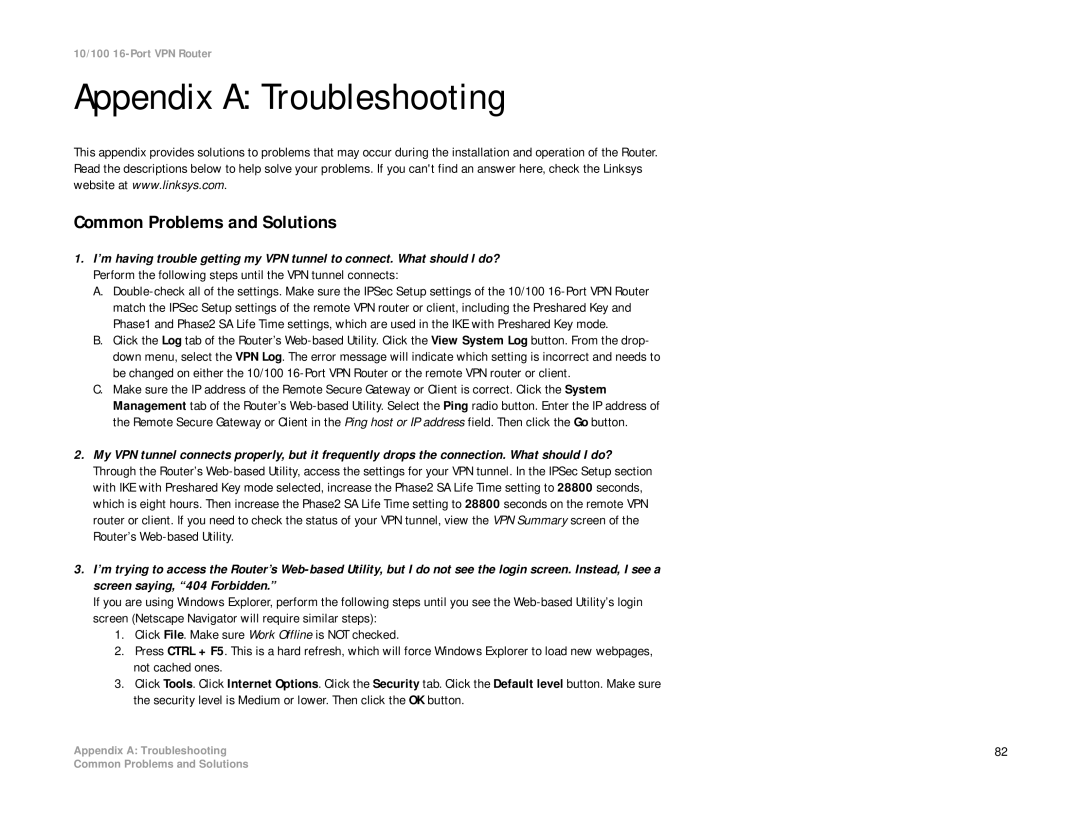 Linksys RV016 manual Appendix a Troubleshooting, Common Problems and Solutions 