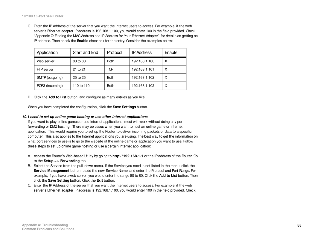 Linksys RV016 manual Application Start and End Protocol IP Address Enable, Tcp 