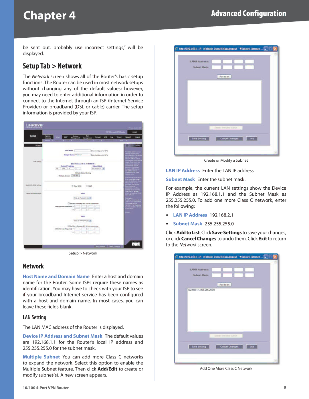 Linksys RV042 manual Setup Tab Network, LAN Setting 