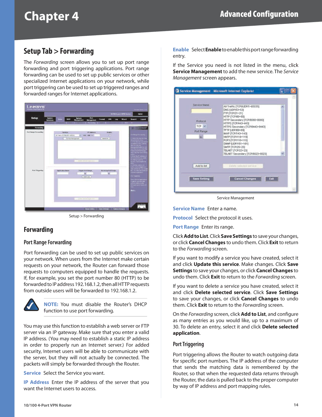 Linksys RV042 manual Setup Tab Forwarding, Port Range Forwarding, Port Triggering 