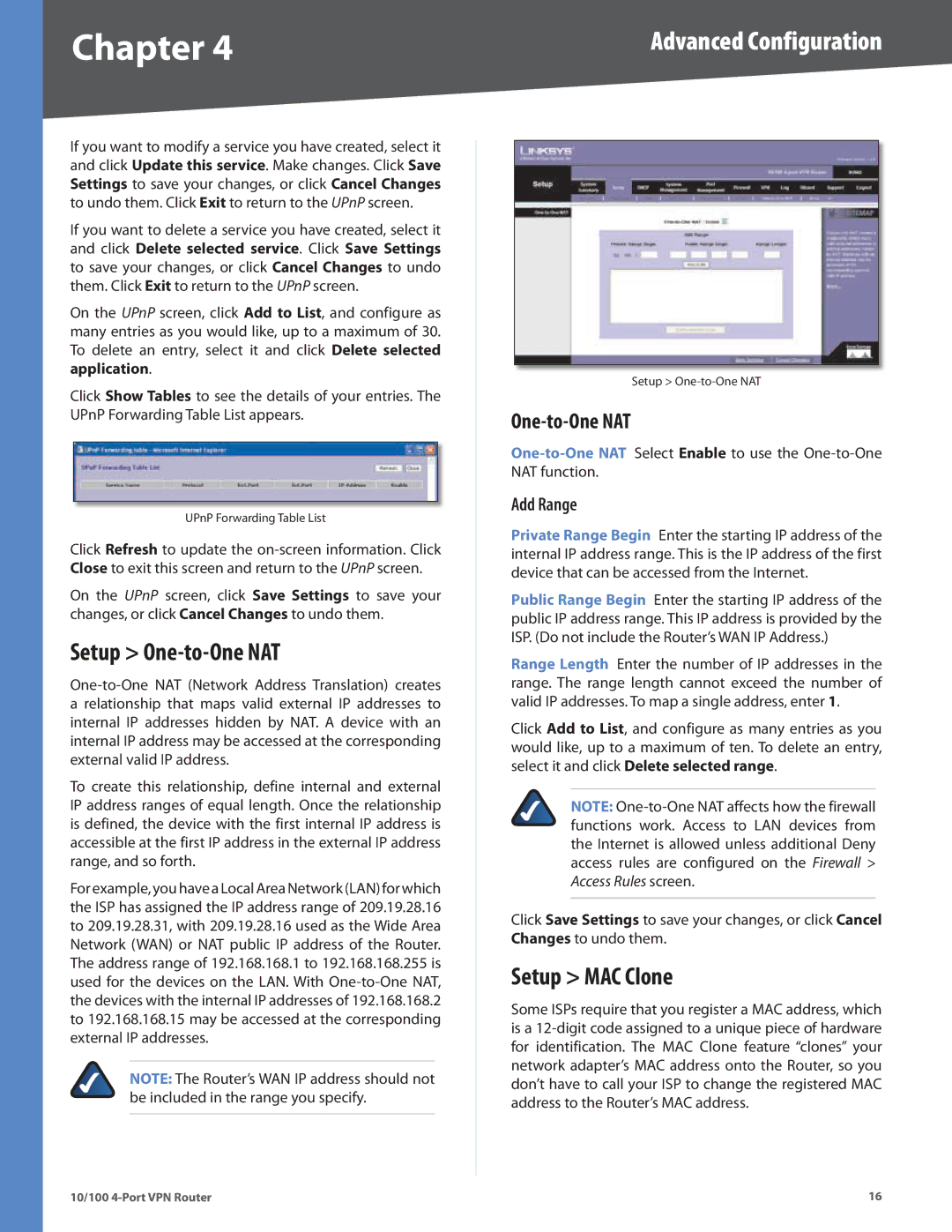 Linksys RV042 manual Setup One-to-One NAT, Setup MAC Clone, Add Range 