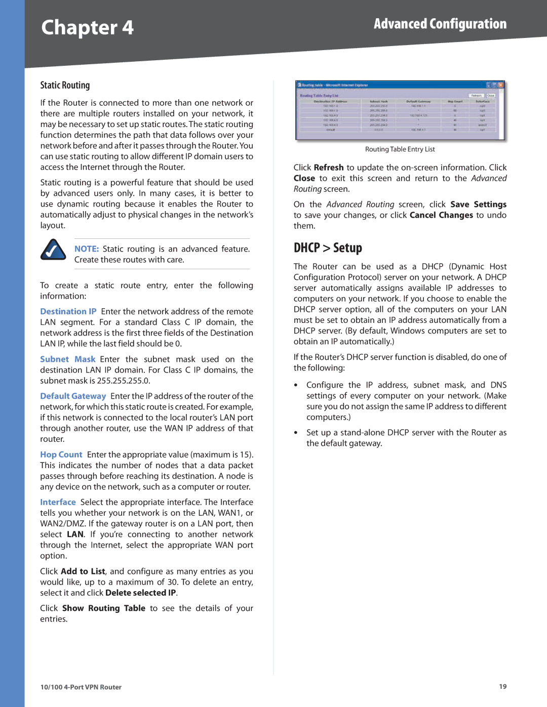 Linksys RV042 manual Dhcp Setup, Static Routing 