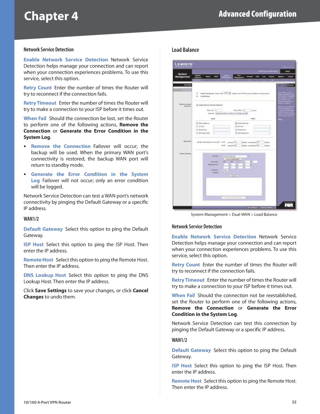 Linksys RV042 manual Load Balance, Network Service Detection 