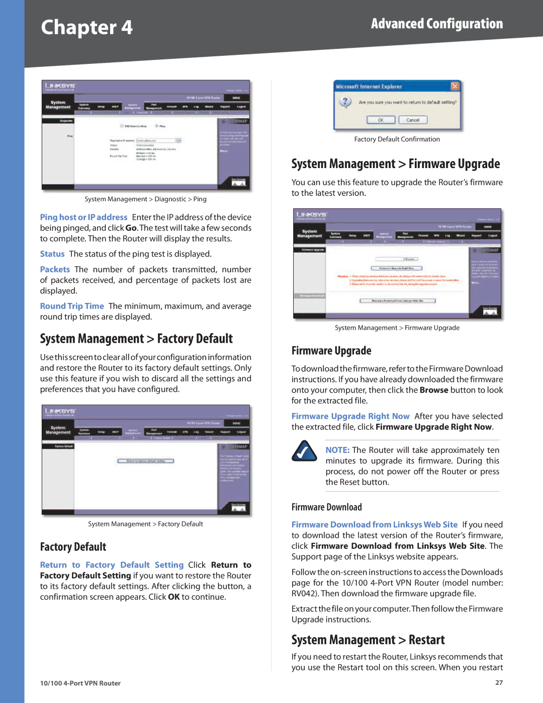 Linksys RV042 manual System Management Restart, Factory Default, Firmware Upgrade, Firmware Download 