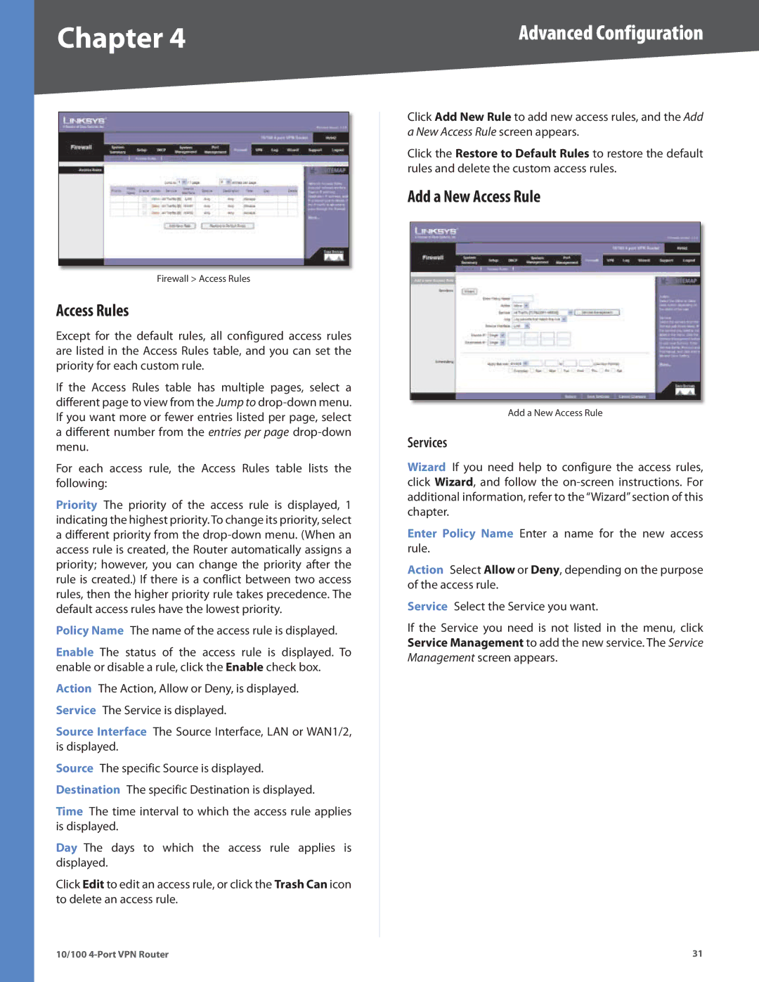 Linksys RV042 manual Access Rules, Add a New Access Rule, Services 