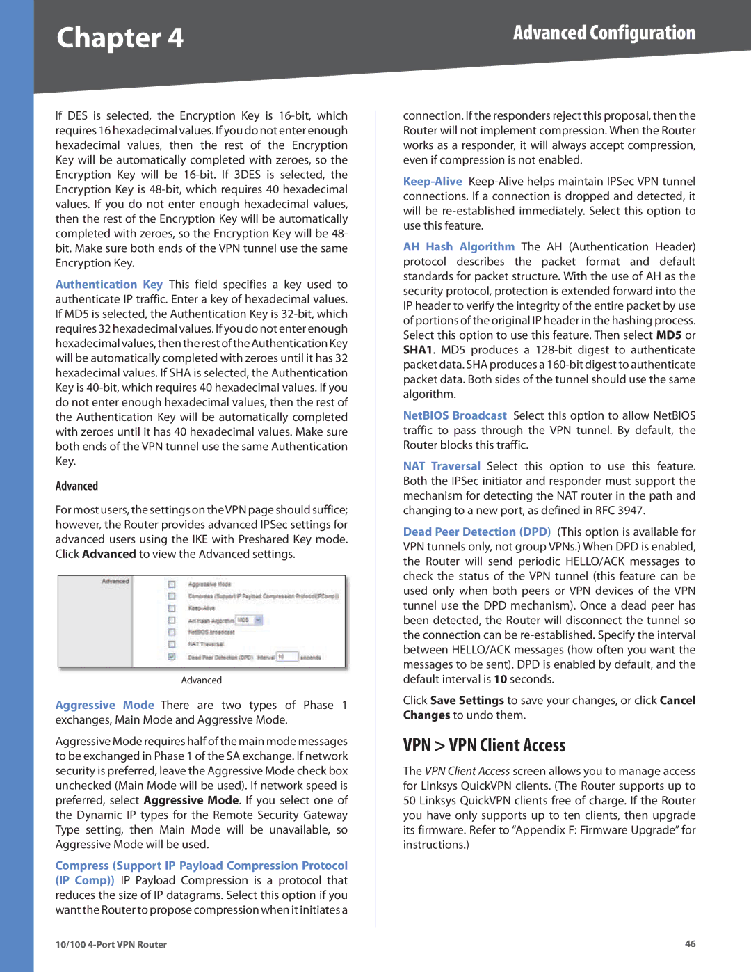 Linksys RV042 manual VPN VPN Client Access, Advanced 