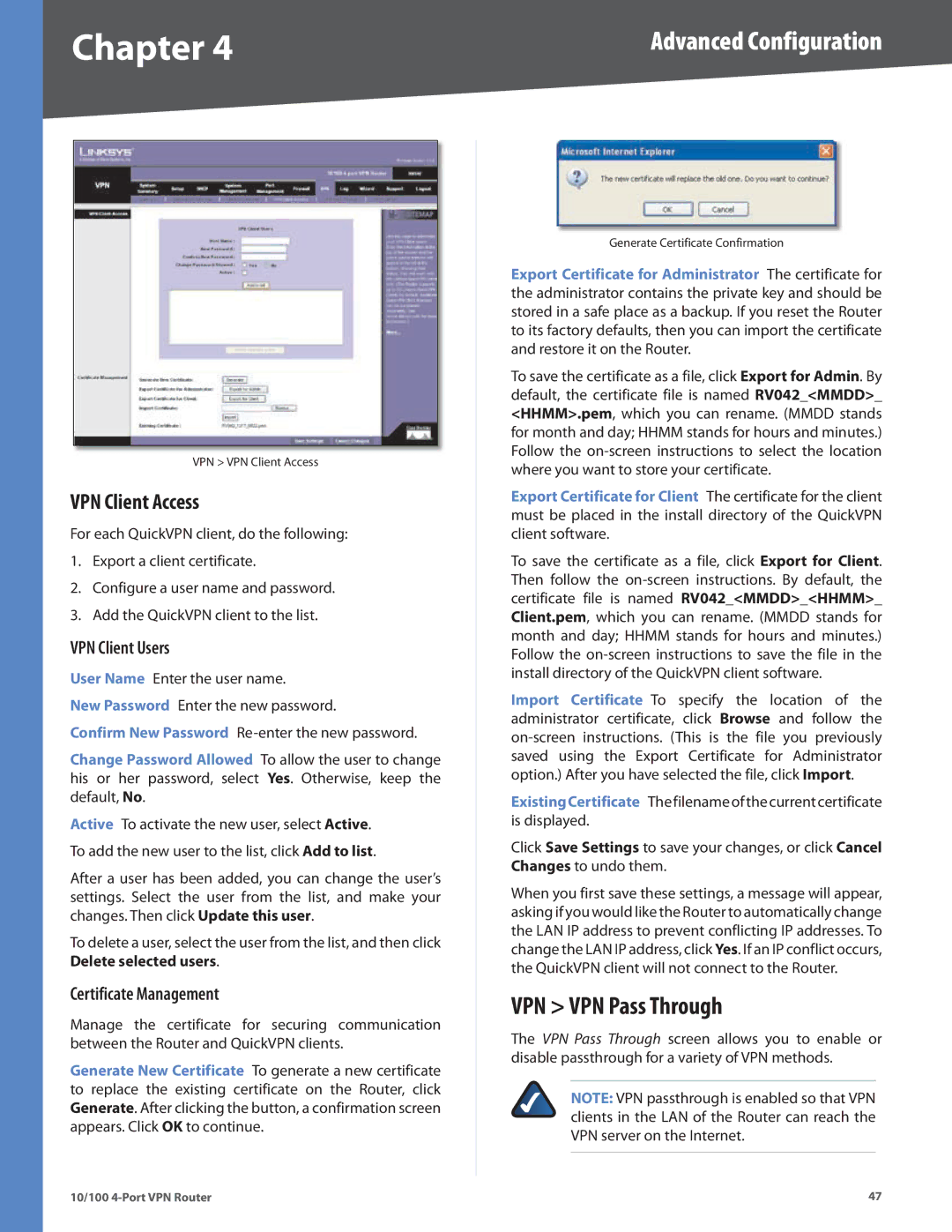 Linksys RV042 manual VPN VPN Pass Through, VPN Client Access, VPN Client Users, Certificate Management 