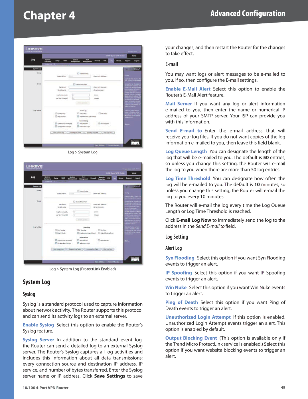 Linksys RV042 manual System Log, Syslog, Mail, Log Setting, Alert Log 