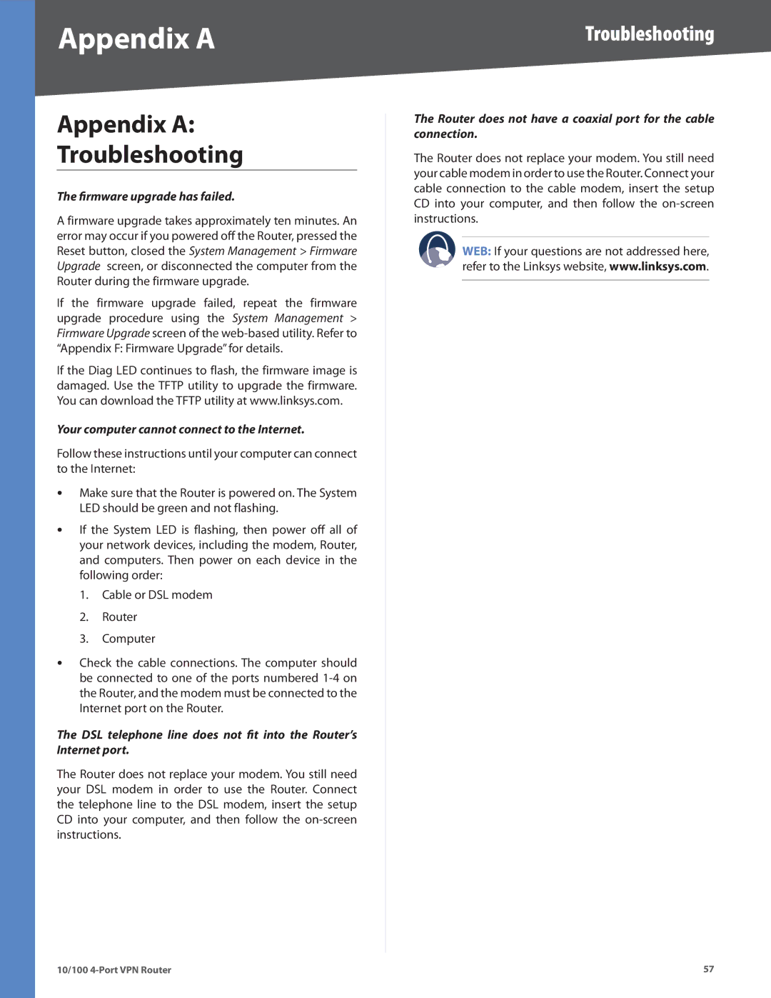 Linksys RV042 manual Appendix a Troubleshooting 