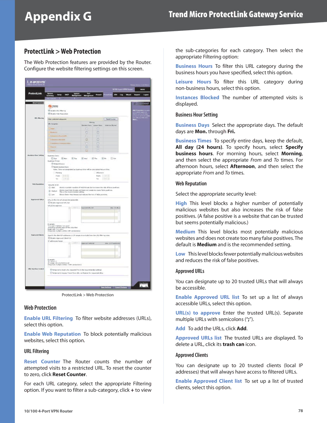 Linksys RV042 manual ProtectLink Web Protection 