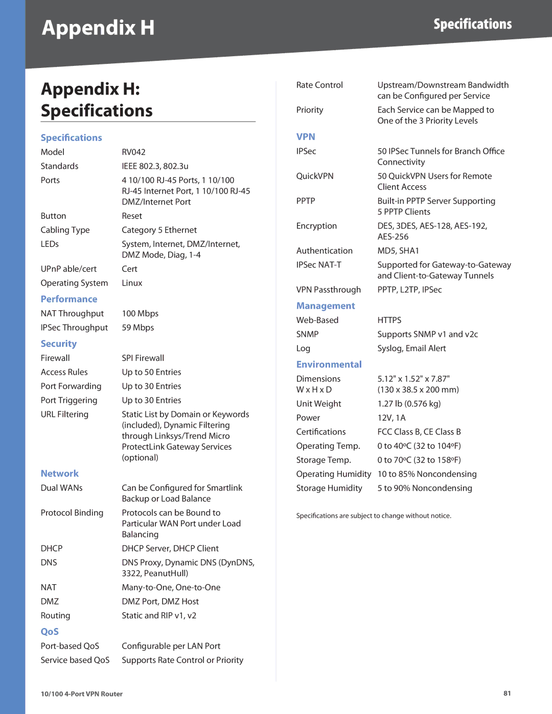 Linksys RV042 manual Appendix H Specifications 