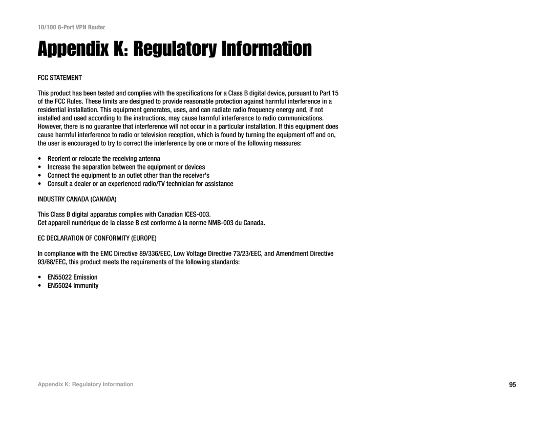 Linksys RV082 manual Appendix K Regulatory Information, FCC Statement 