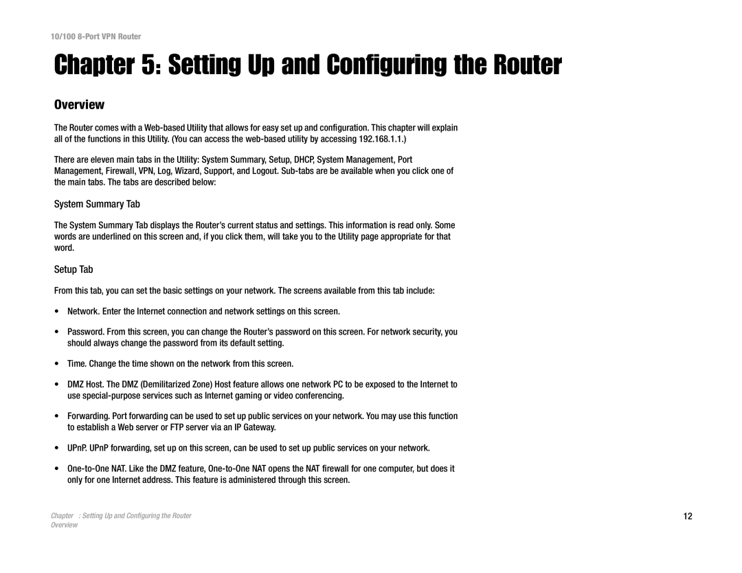 Linksys RV082 manual Setting Up and Configuring the Router, System Summary Tab, Setup Tab 