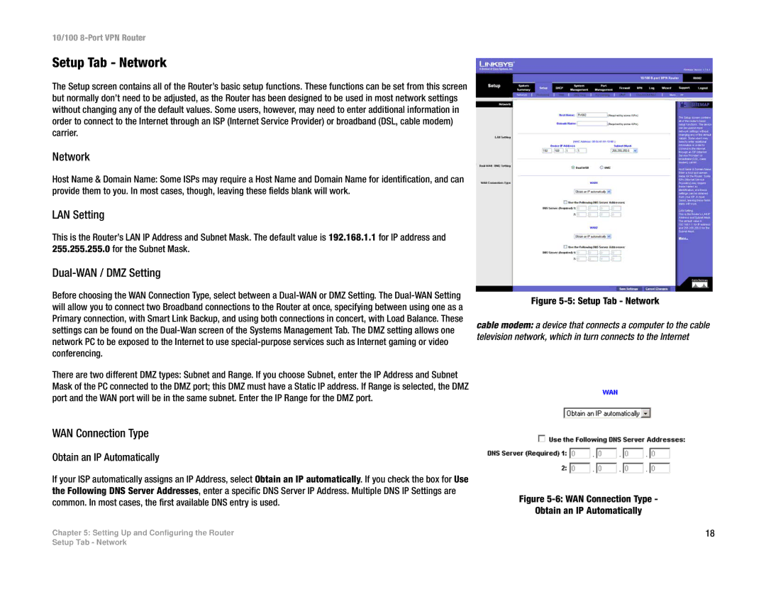 Linksys RV082 manual Network, LAN Setting, Dual-WAN / DMZ Setting, WAN Connection Type, Obtain an IP Automatically 