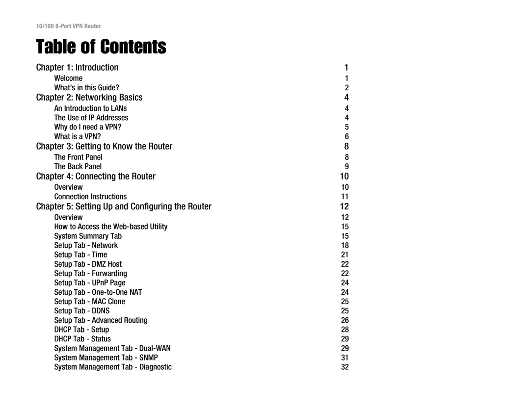 Linksys RV082 manual Table of Contents 