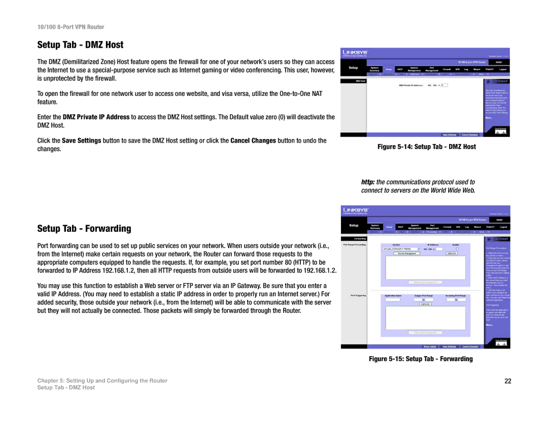 Linksys RV082 manual Setup Tab DMZ Host, Setup Tab Forwarding 