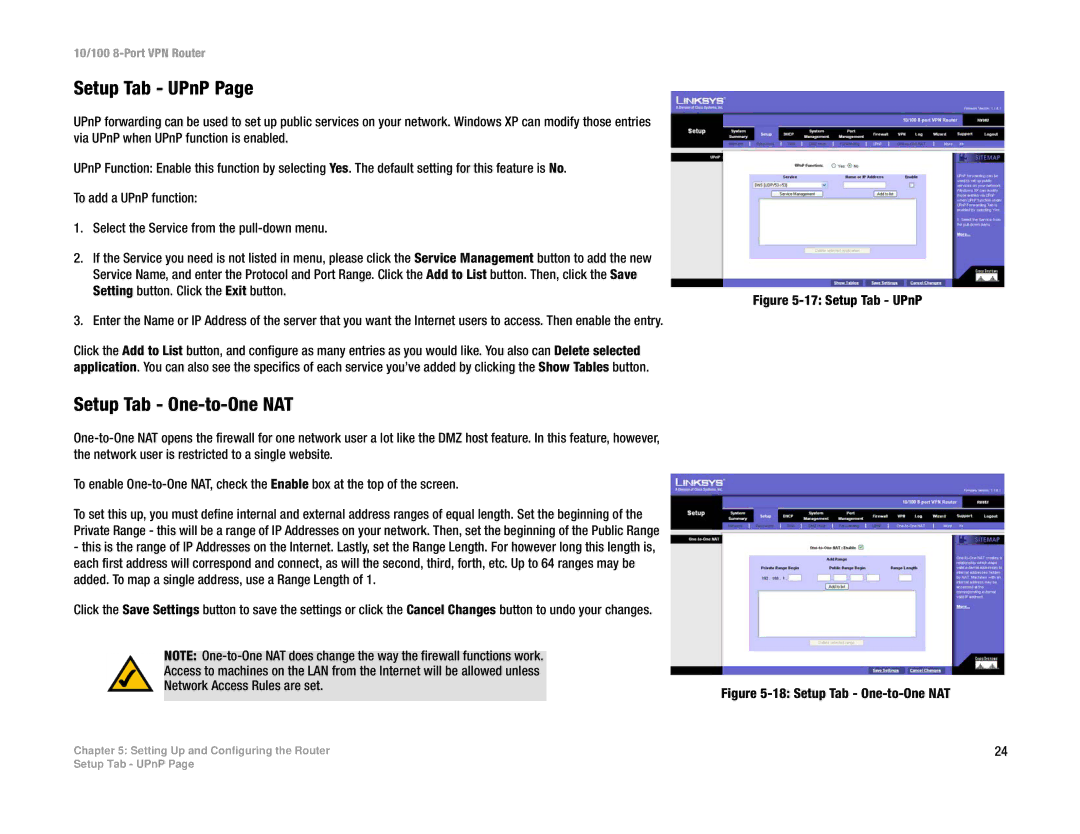 Linksys RV082 manual Setup Tab UPnP, Setup Tab One-to-One NAT 