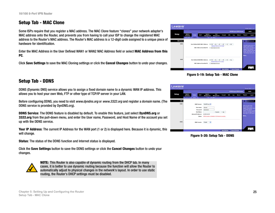 Linksys RV082 manual Setup Tab MAC Clone, Setup Tab Ddns 