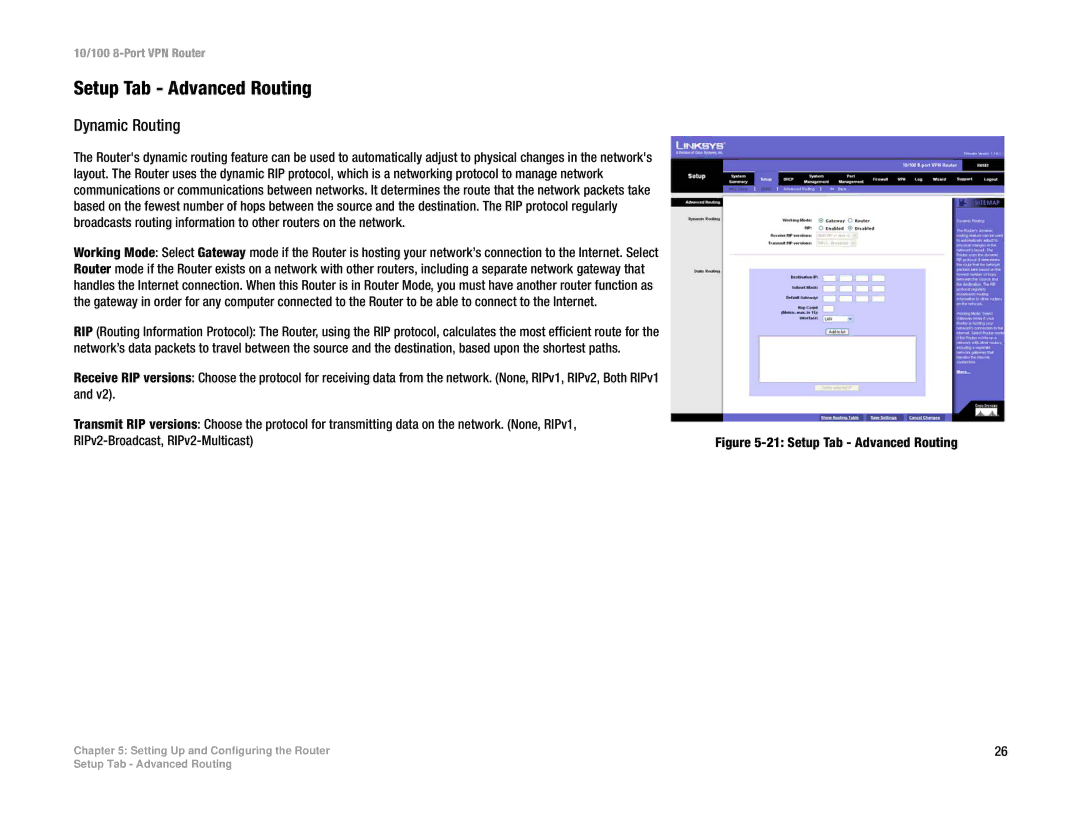 Linksys RV082 manual Setup Tab Advanced Routing, Dynamic Routing 