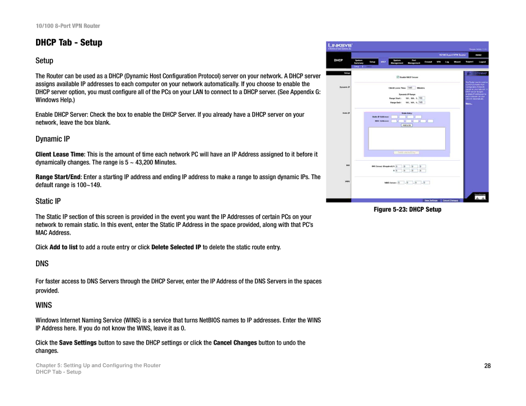 Linksys RV082 manual Dhcp Tab Setup, Dynamic IP, Static IP 