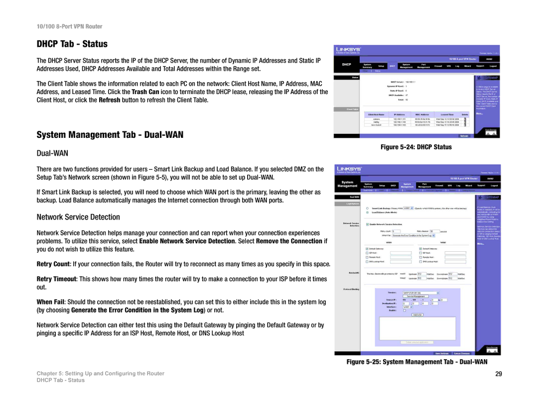 Linksys RV082 manual Dhcp Tab Status, System Management Tab Dual-WAN, Network Service Detection 