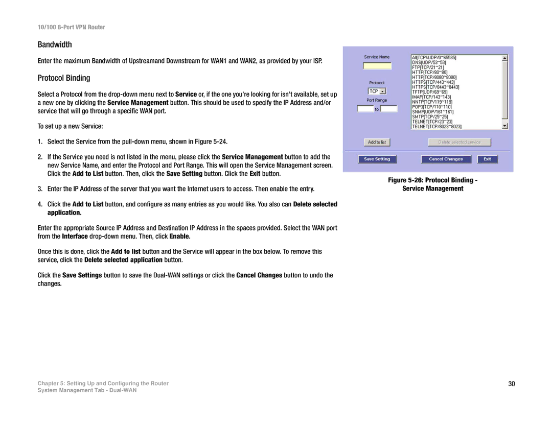 Linksys RV082 manual Bandwidth, Protocol Binding 