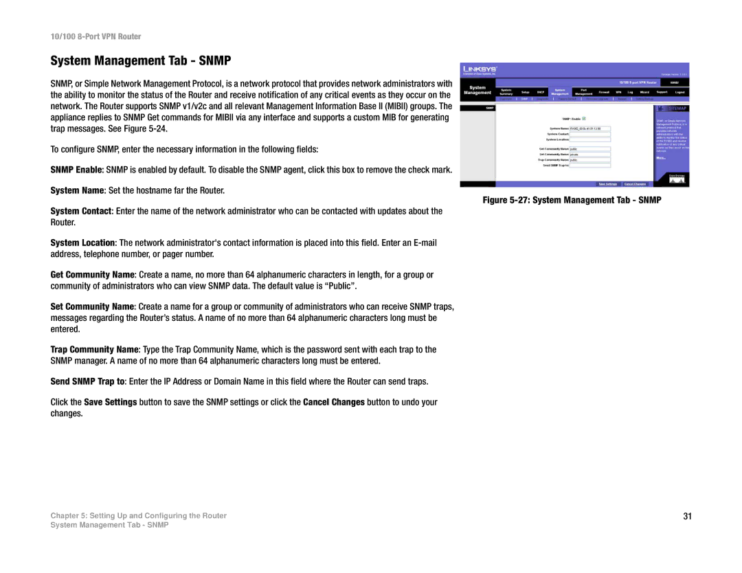 Linksys RV082 manual System Management Tab Snmp 