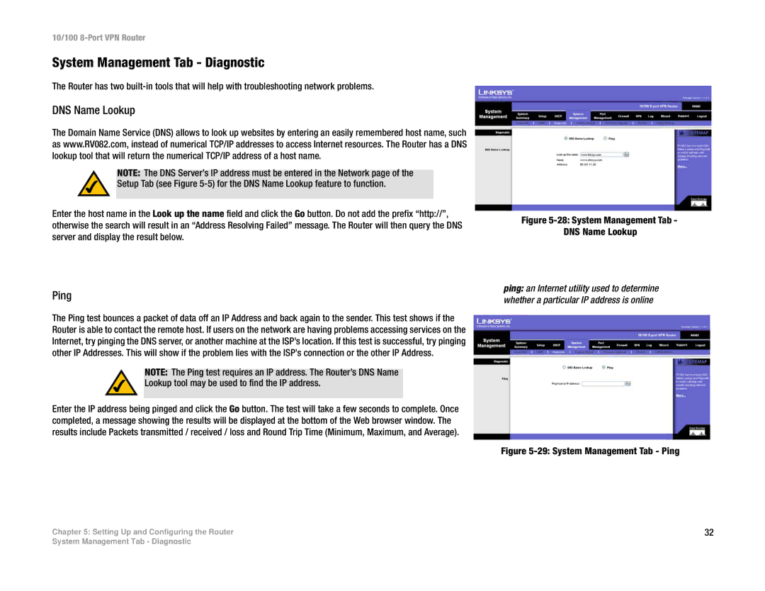 Linksys RV082 manual System Management Tab Diagnostic, DNS Name Lookup, Ping 