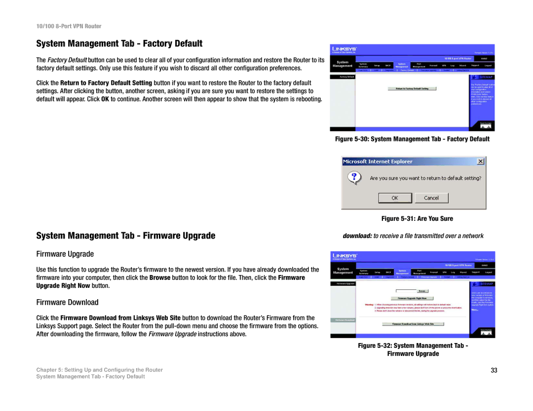 Linksys RV082 manual System Management Tab Factory Default, System Management Tab Firmware Upgrade, Firmware Download 