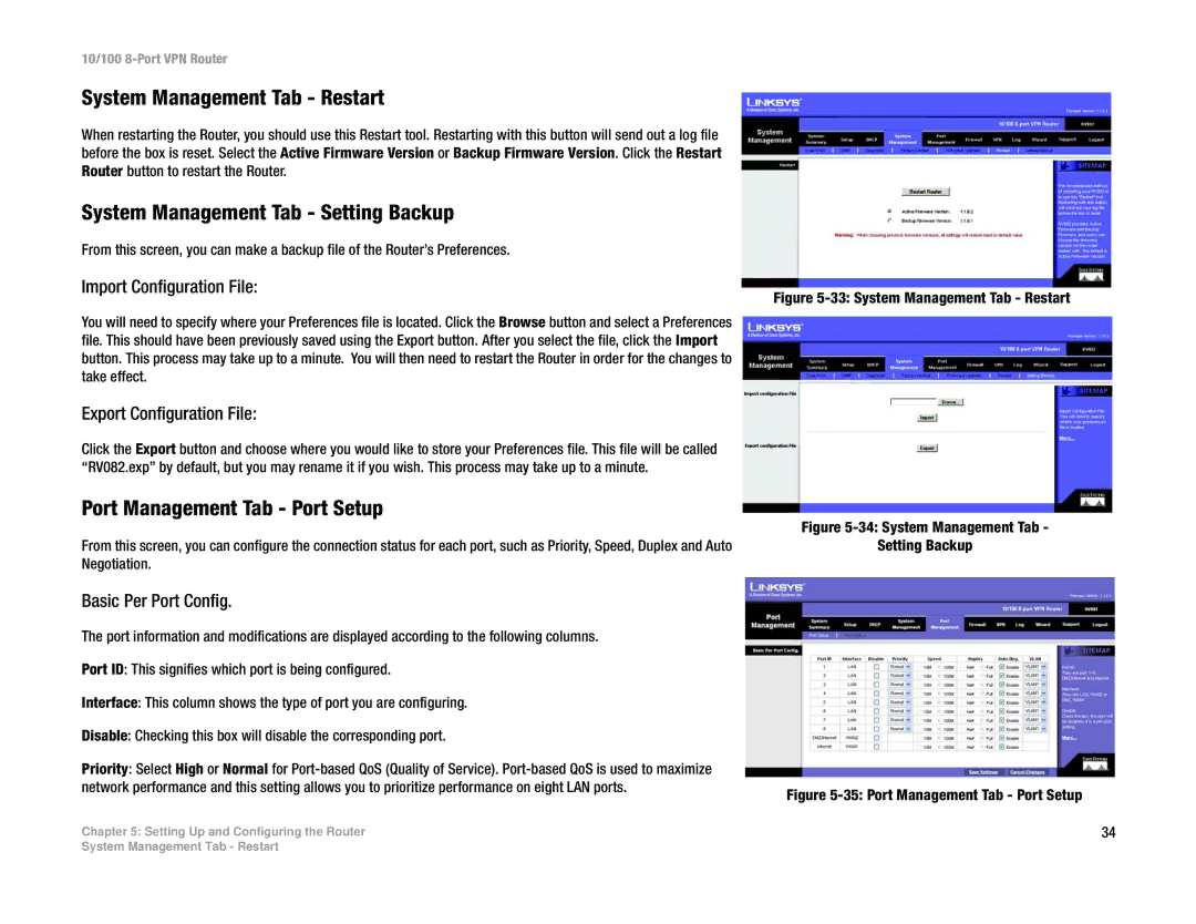 Linksys RV082 manual System Management Tab Restart, System Management Tab Setting Backup, Port Management Tab Port Setup 