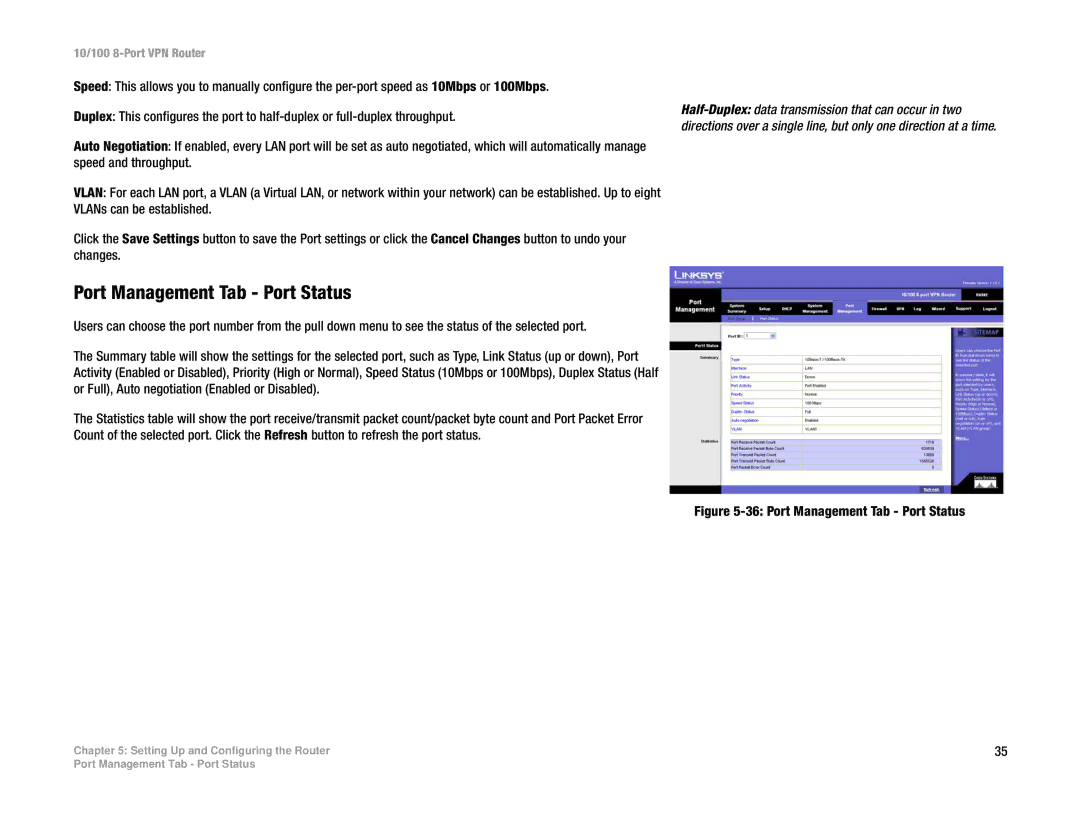 Linksys RV082 manual Port Management Tab Port Status 