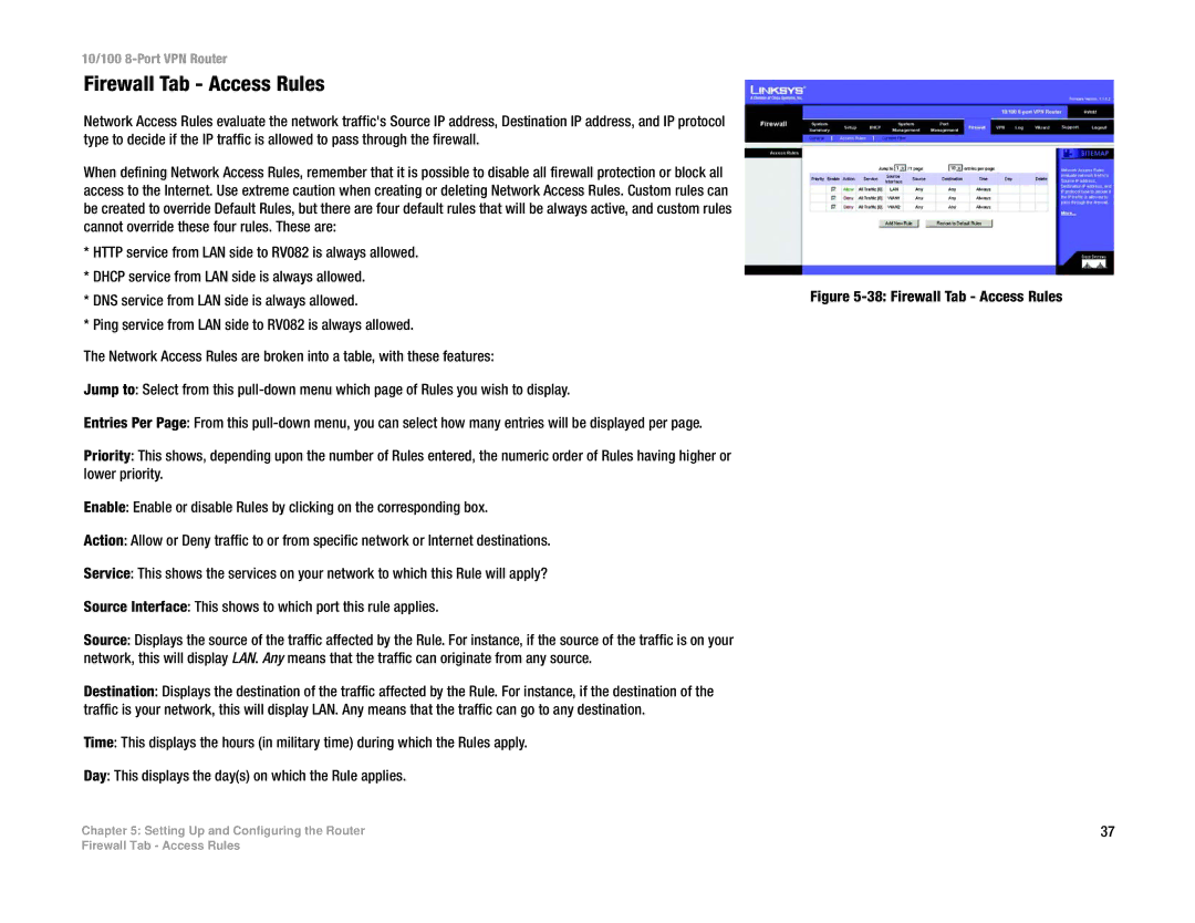 Linksys RV082 manual Firewall Tab Access Rules 