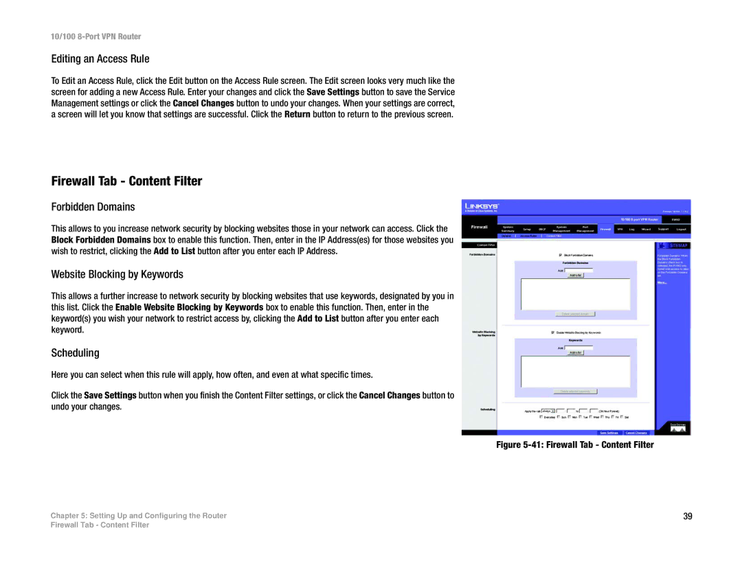 Linksys RV082 manual Firewall Tab Content Filter, Editing an Access Rule, Forbidden Domains, Website Blocking by Keywords 