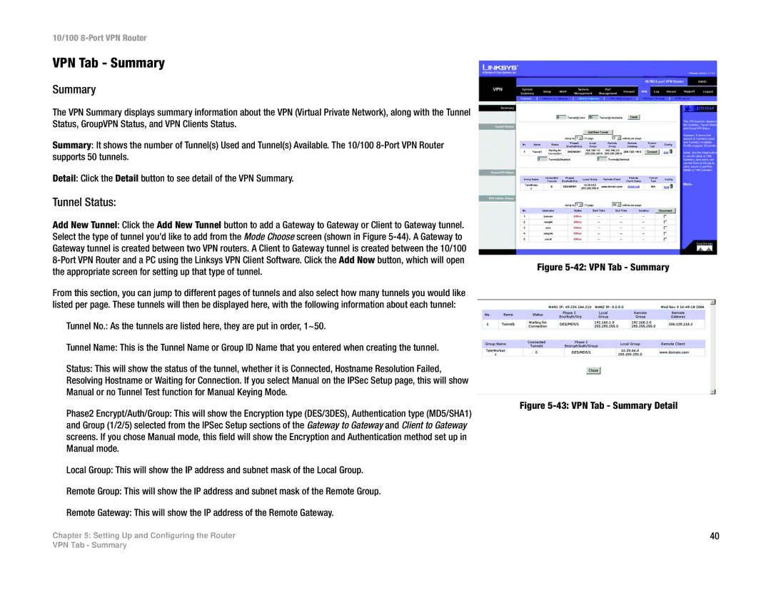 Linksys RV082 manual VPN Tab Summary, Tunnel Status 