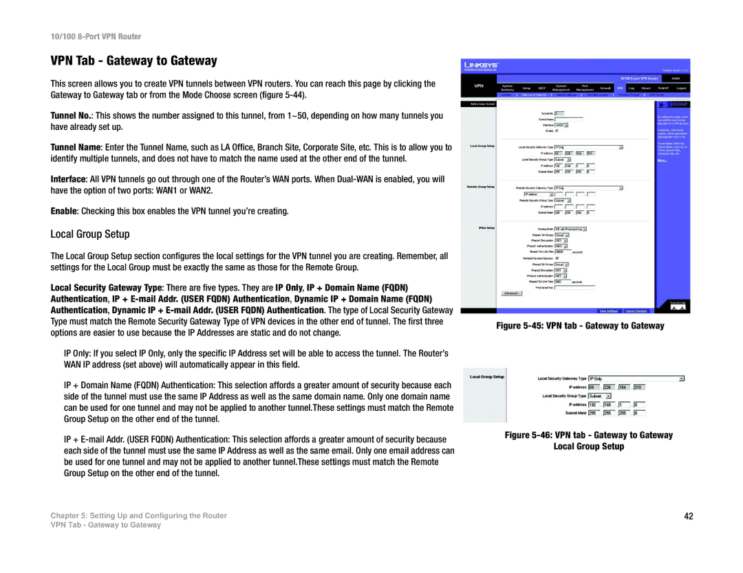 Linksys RV082 manual VPN Tab Gateway to Gateway, Local Group Setup 