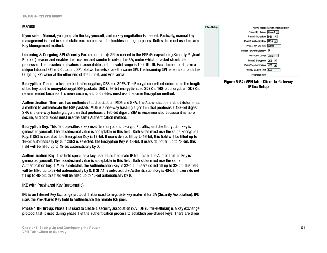 Linksys RV082 manual VPN tab Client to Gateway IPSec Setup 