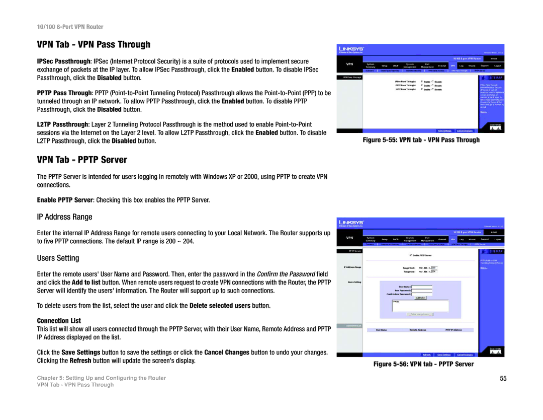 Linksys RV082 manual VPN Tab VPN Pass Through, VPN Tab Pptp Server, IP Address Range, Users Setting 