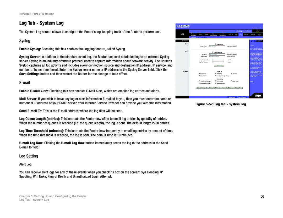 Linksys RV082 manual Log Tab System Log, Syslog, Mail, Log Setting 