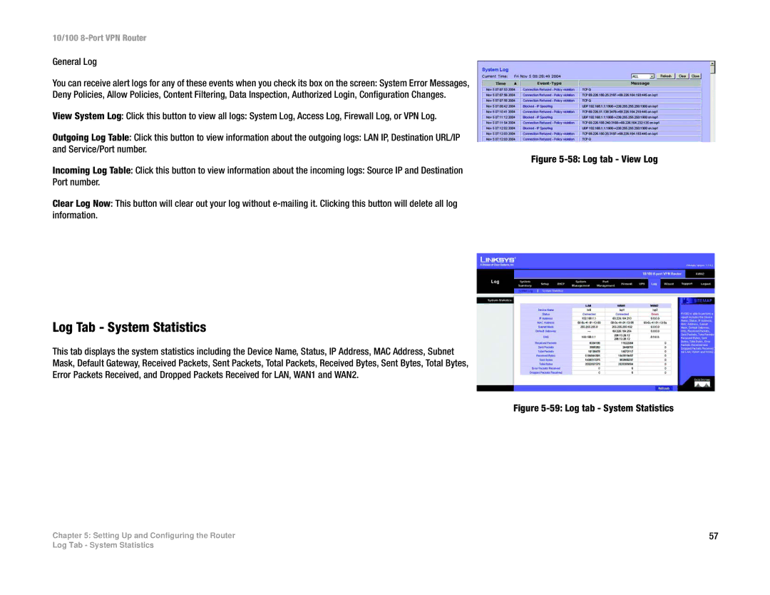 Linksys RV082 manual Log Tab System Statistics, Log tab System Statistics 