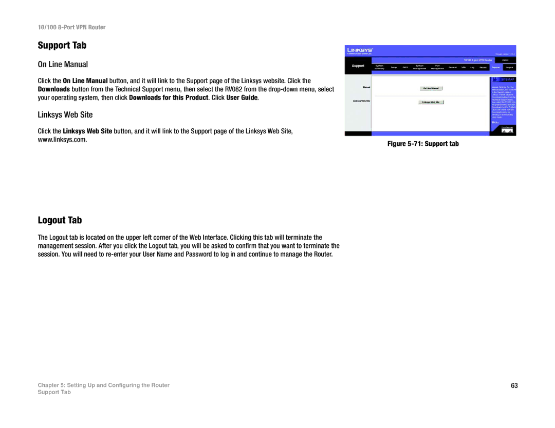 Linksys RV082 manual Support Tab, Logout Tab, On Line Manual, Linksys Web Site 