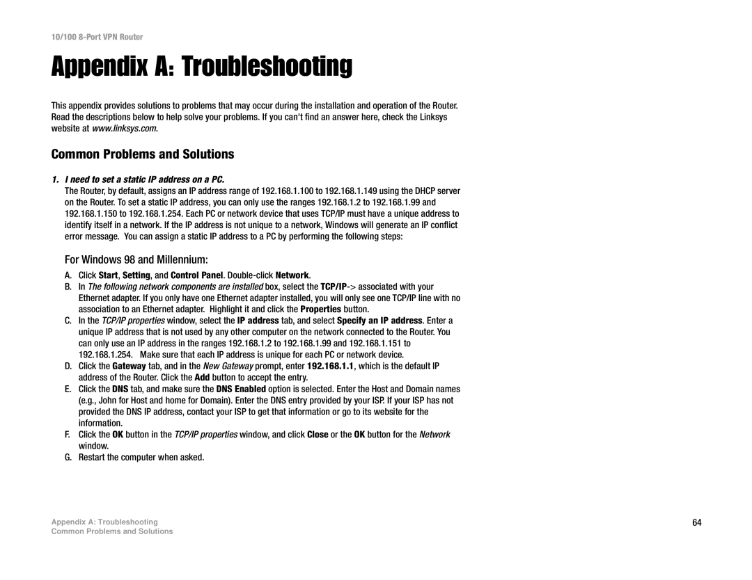 Linksys RV082 manual Appendix a Troubleshooting, Common Problems and Solutions, For Windows 98 and Millennium 