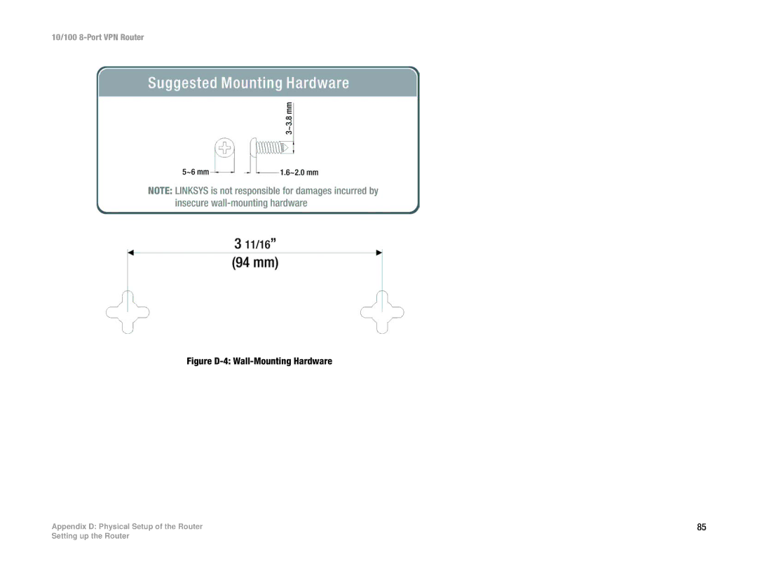 Linksys RV082 manual Figure D-4 Wall-Mounting Hardware 
