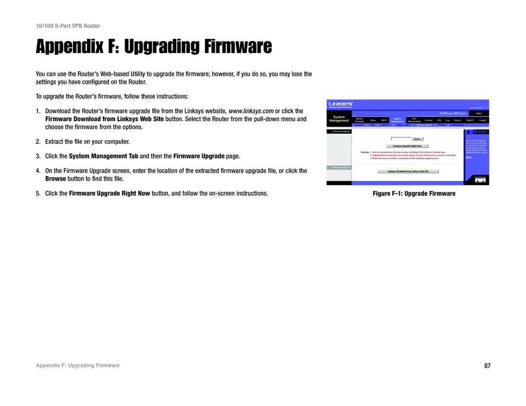 Linksys RV082 manual Appendix F Upgrading Firmware, Figure F-1 Upgrade Firmware 