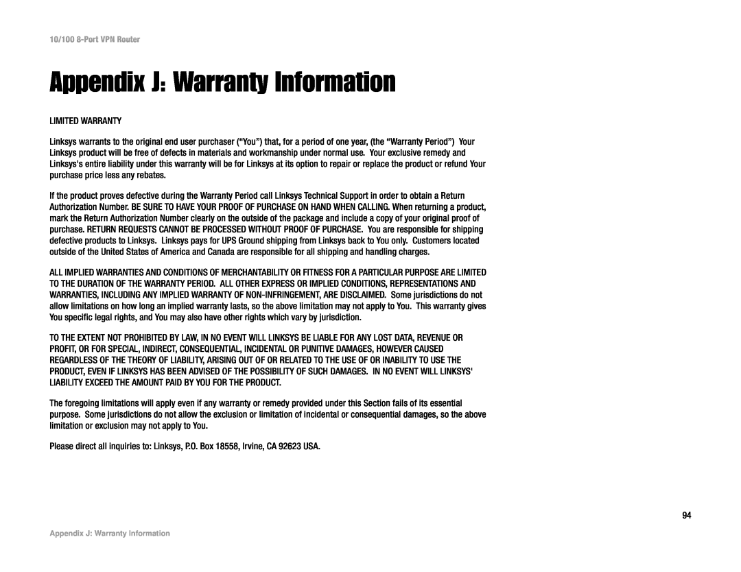 Linksys RV082 manual Appendix J Warranty Information 