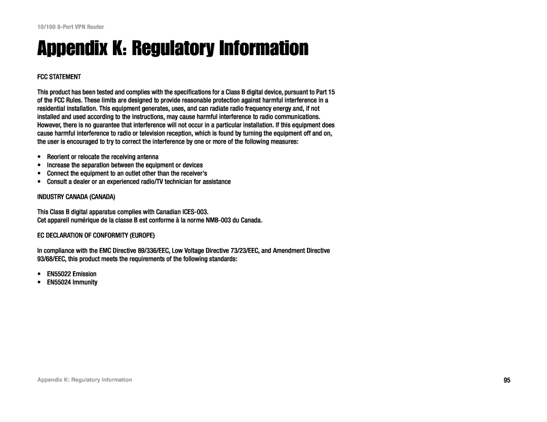 Linksys RV082 manual Appendix K Regulatory Information 