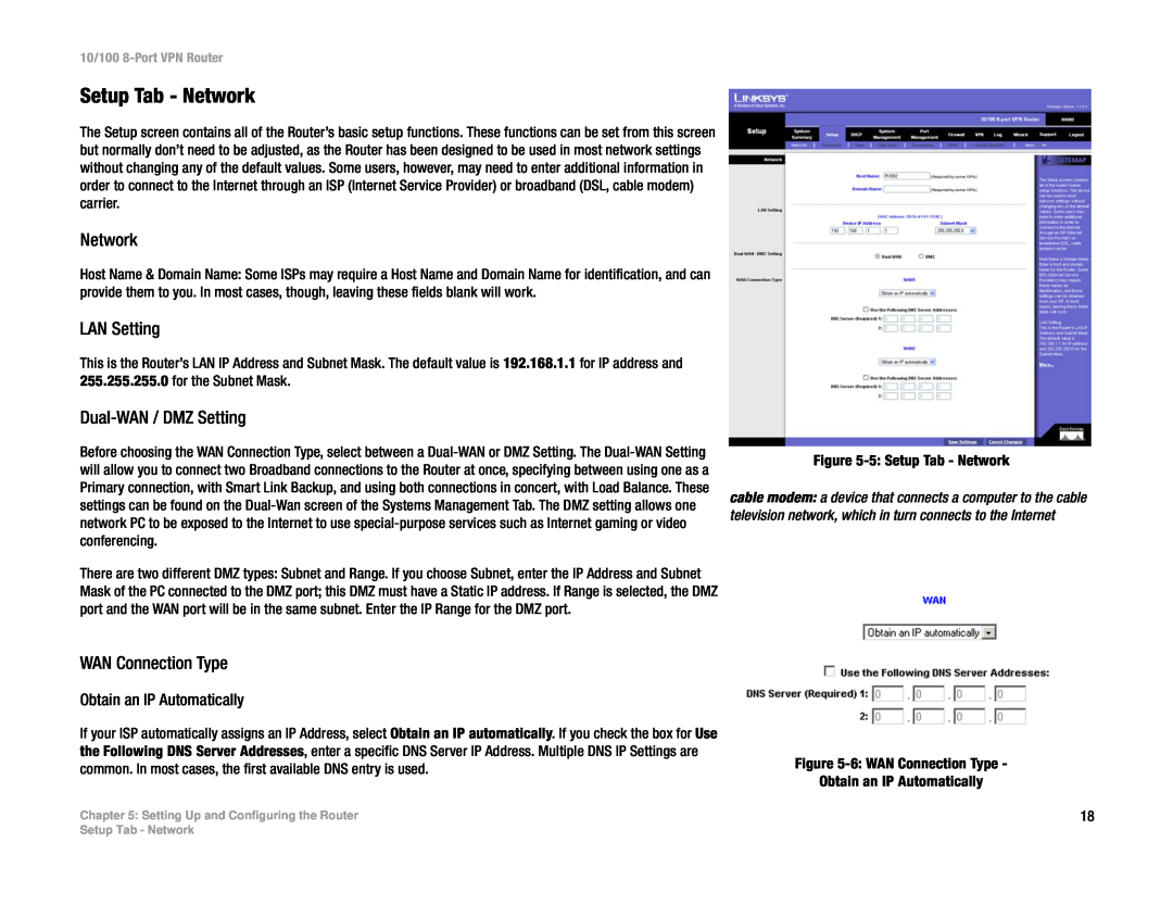 Linksys RV082 manual Setup Tab - Network, LAN Setting, Dual-WAN / DMZ Setting, WAN Connection Type 