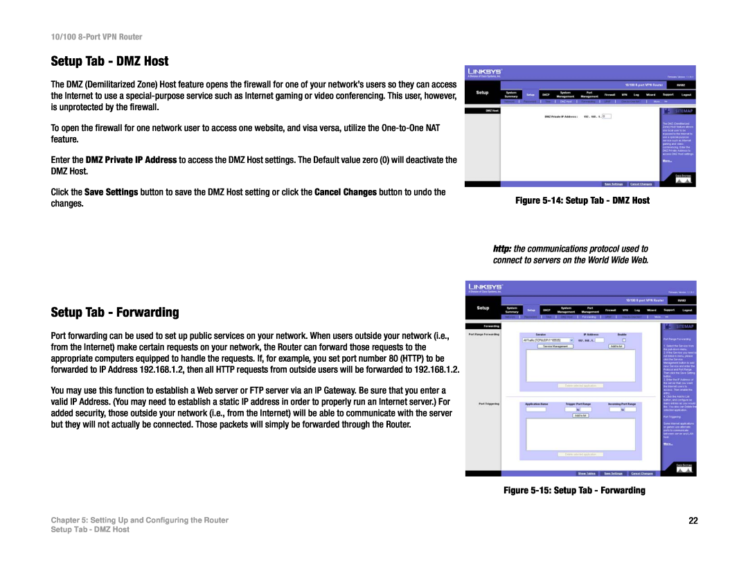 Linksys RV082 manual Setup Tab - DMZ Host, Setup Tab - Forwarding 